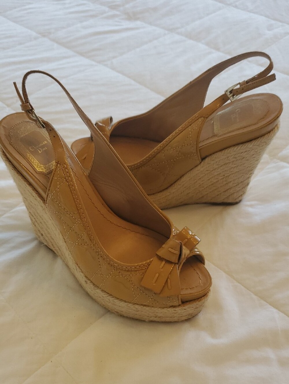 Dior Tan Patent Peep-Toe Bow Slingback Wedges
